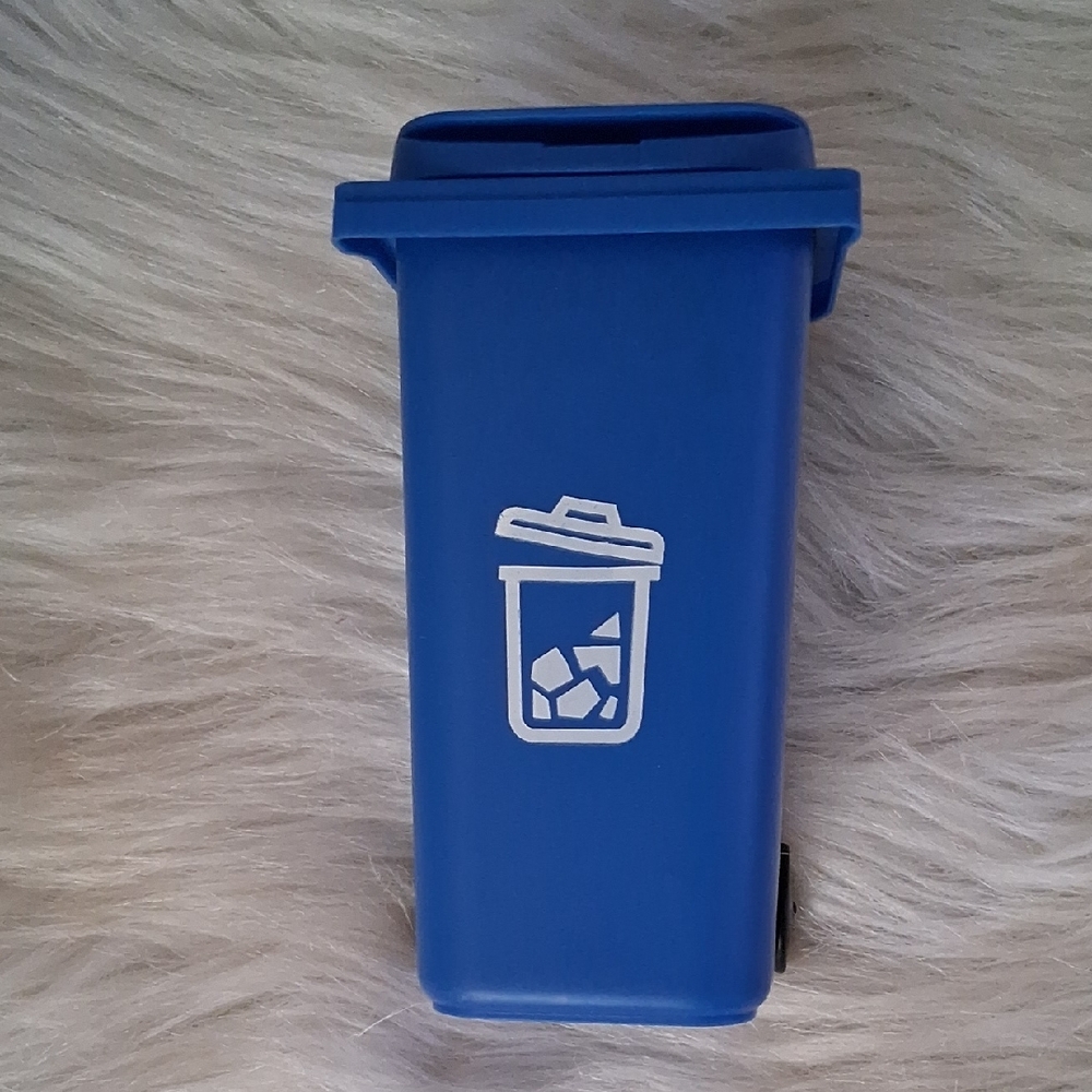 Blue Mini Trash Can with White Trash Logo